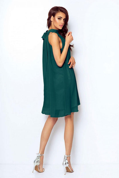 Green sleeveless cocktail dress with draped high neck and tie waist, IVON model 124028