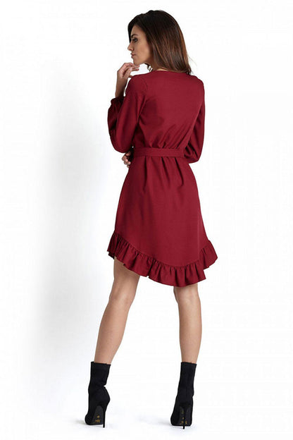 IVON cocktail dress, burgundy long sleeve V-neck with tie waist and ruffled skirt hem