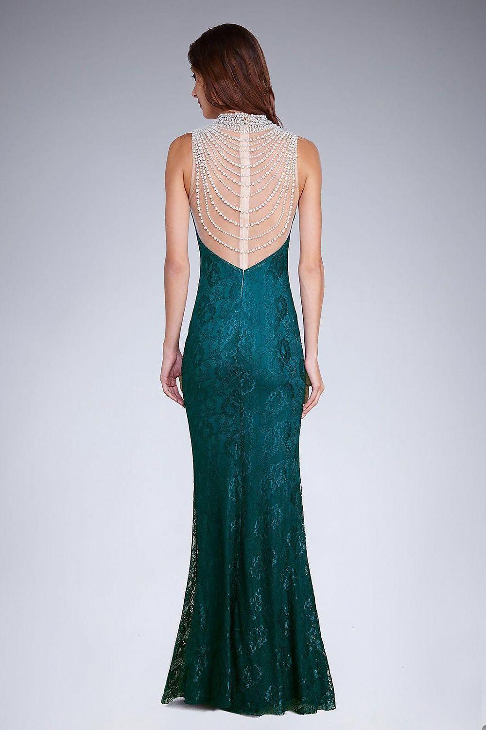 Green lace mermaid evening gown, open back with lace straps and fishtail hem