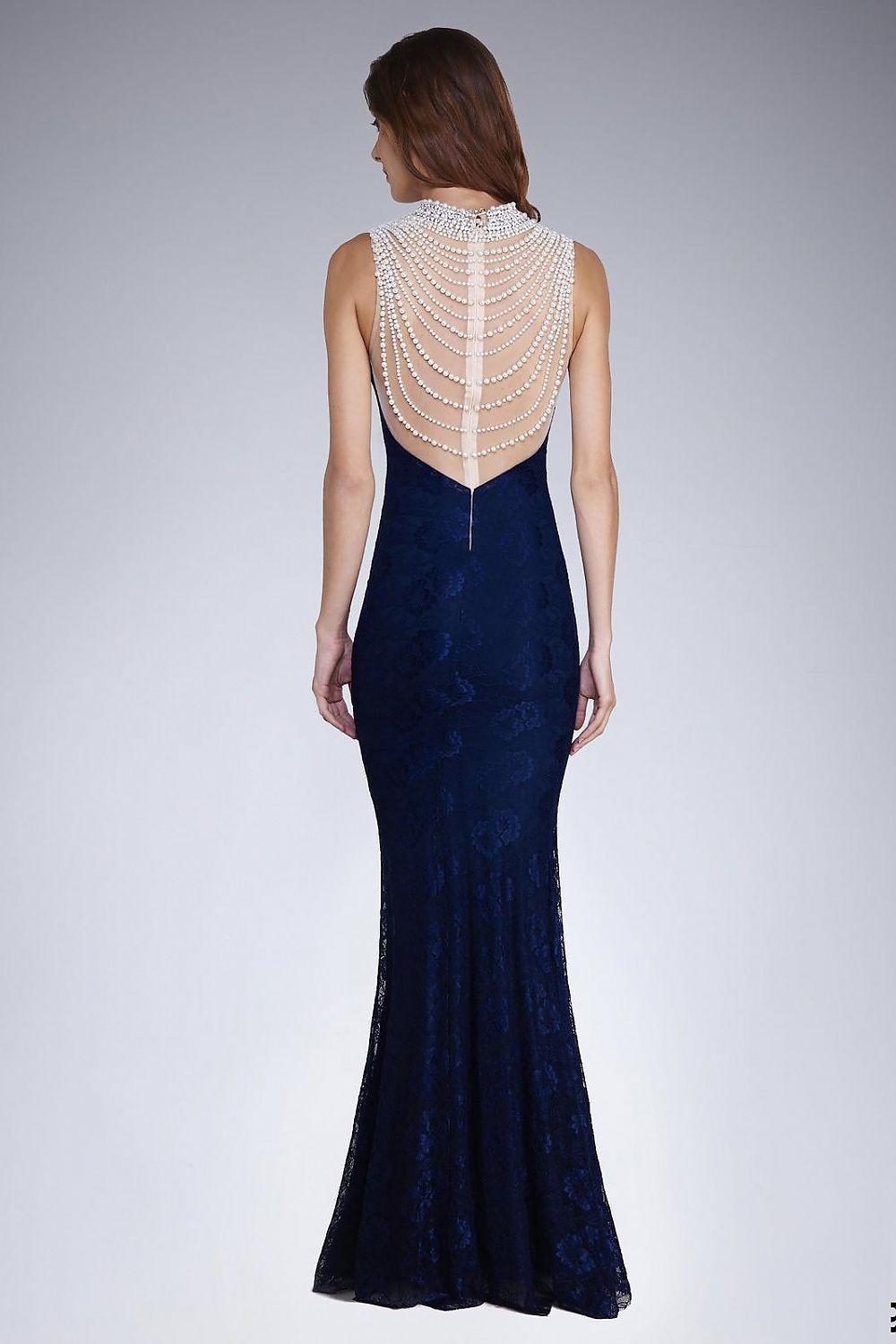 Dark navy lace mermaid maxi dress, back view with beaded illusion bodice