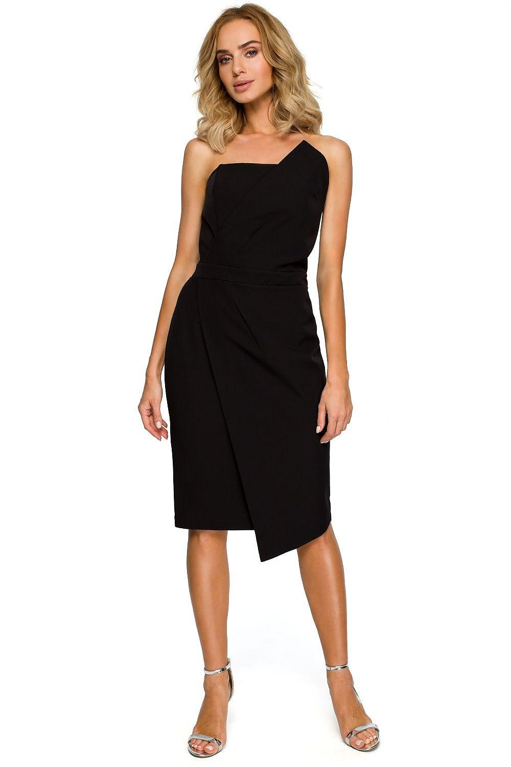 Black sleeveless cocktail dress with asymmetric neckline and side slit