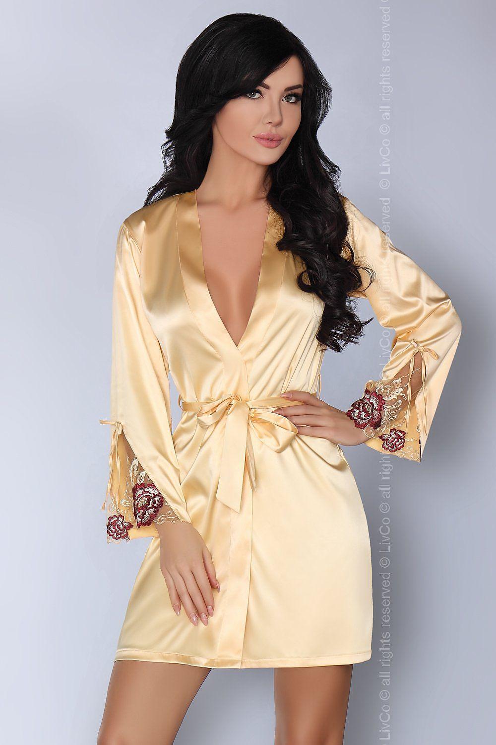 Yellow satin belted short bathrobe with floral embroidery
