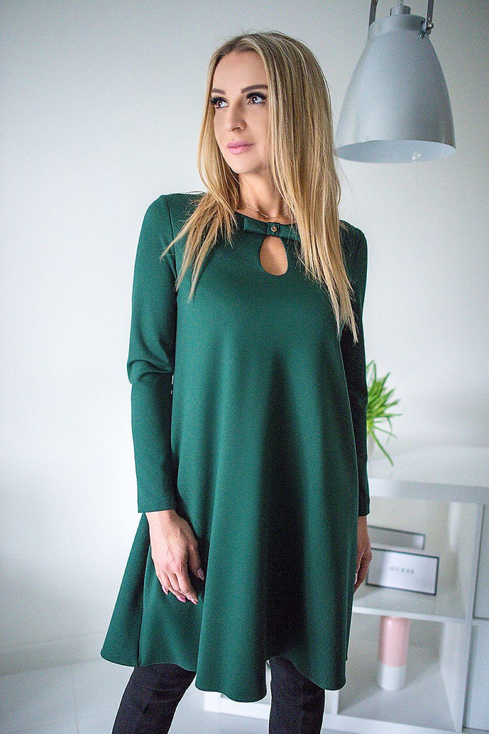 Green long-sleeve daydress with keyhole cutout neckline and A-line skirt