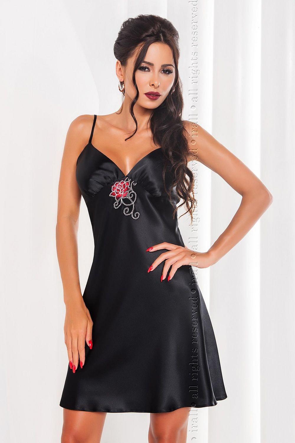 Black satin nightdress with red rose embroidery and thin spaghetti straps