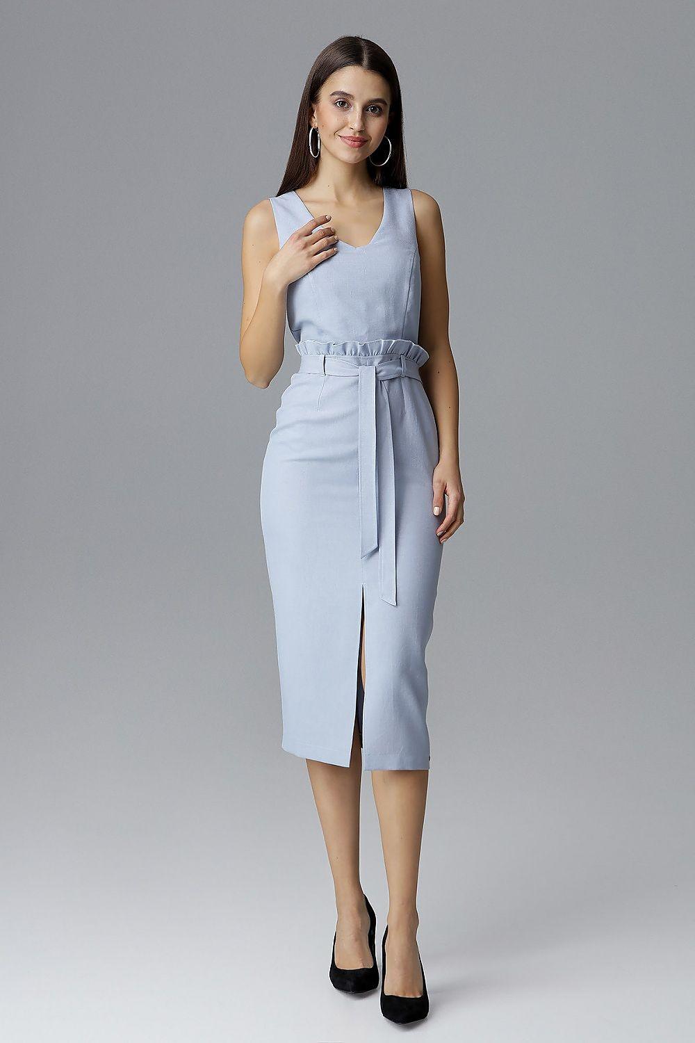 Light blue sleeveless V-neck cocktail dress with belted waist and front slit, midi length
