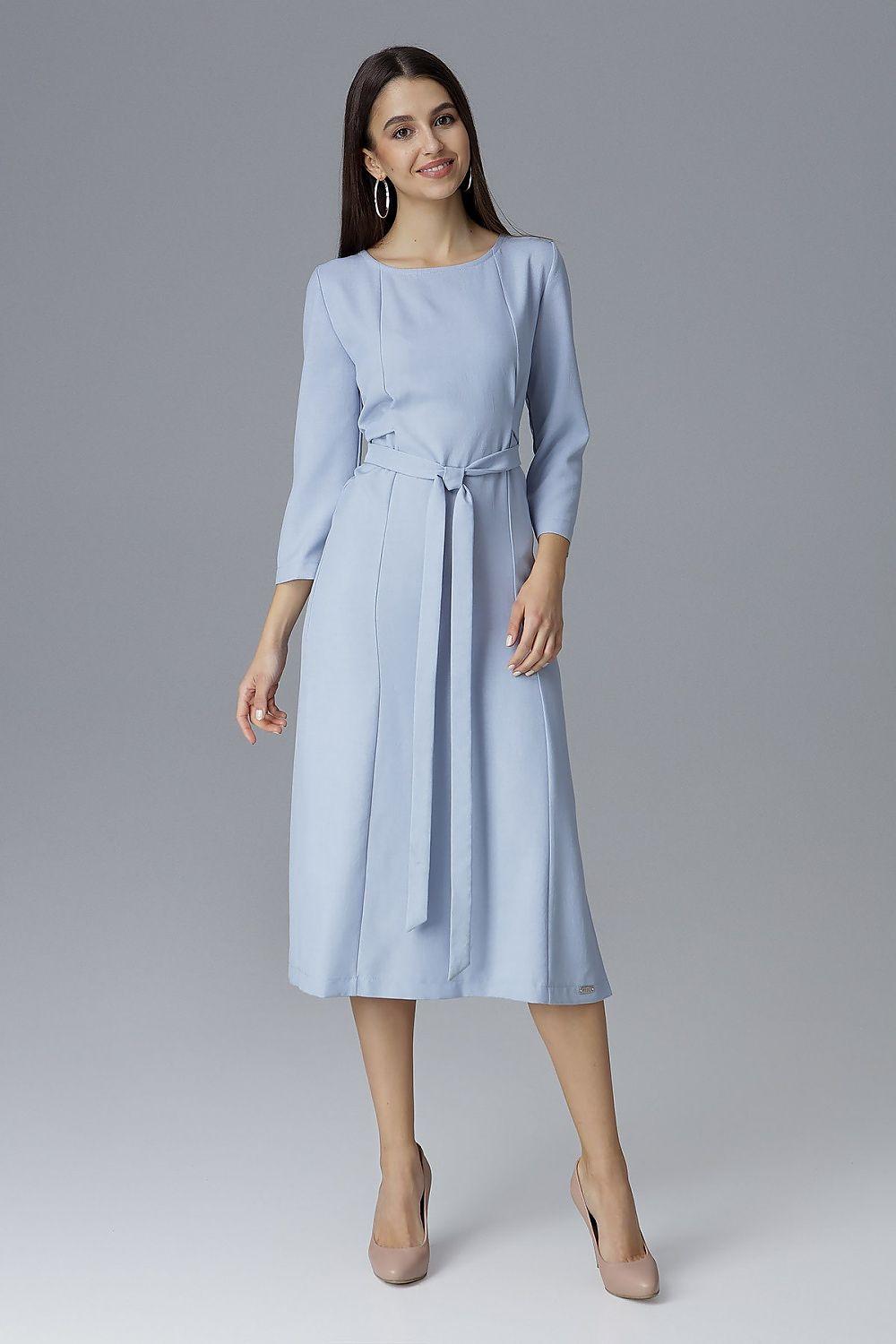 Light blue cocktail dress with 3/4 sleeves, round neck, and waist tie belt