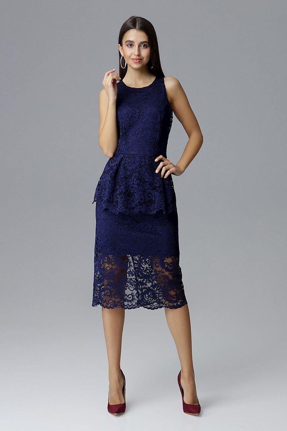 Navy blue sleeveless lace midi evening dress with fitted waist and scalloped hem