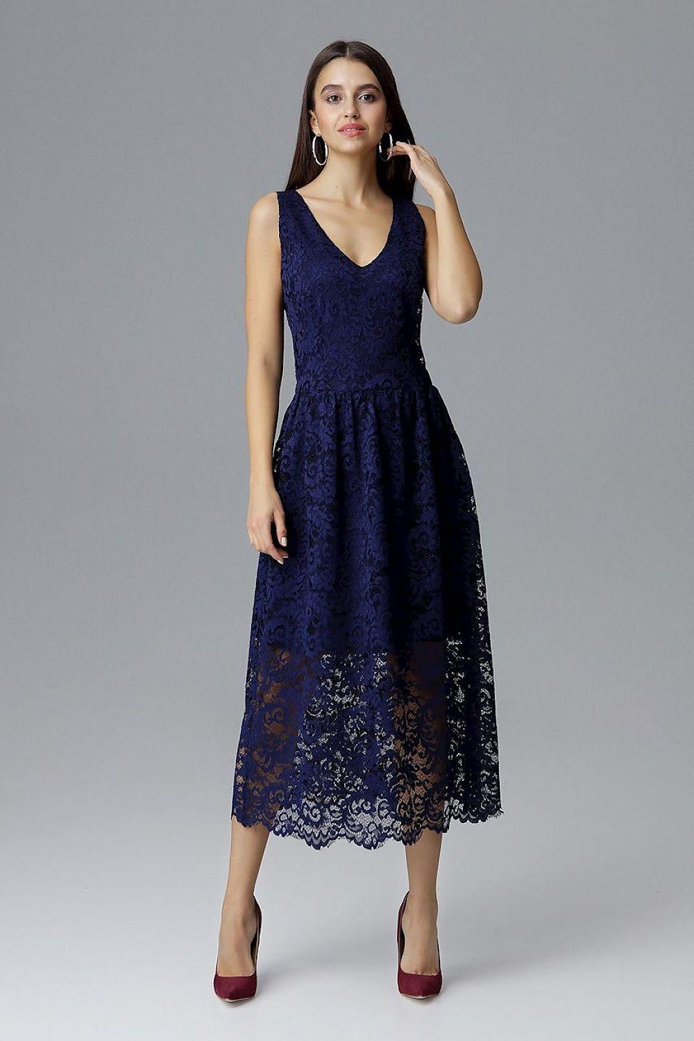 Navy lace evening dress, V-neck sleeveless midi with gathered waist and lace hem.