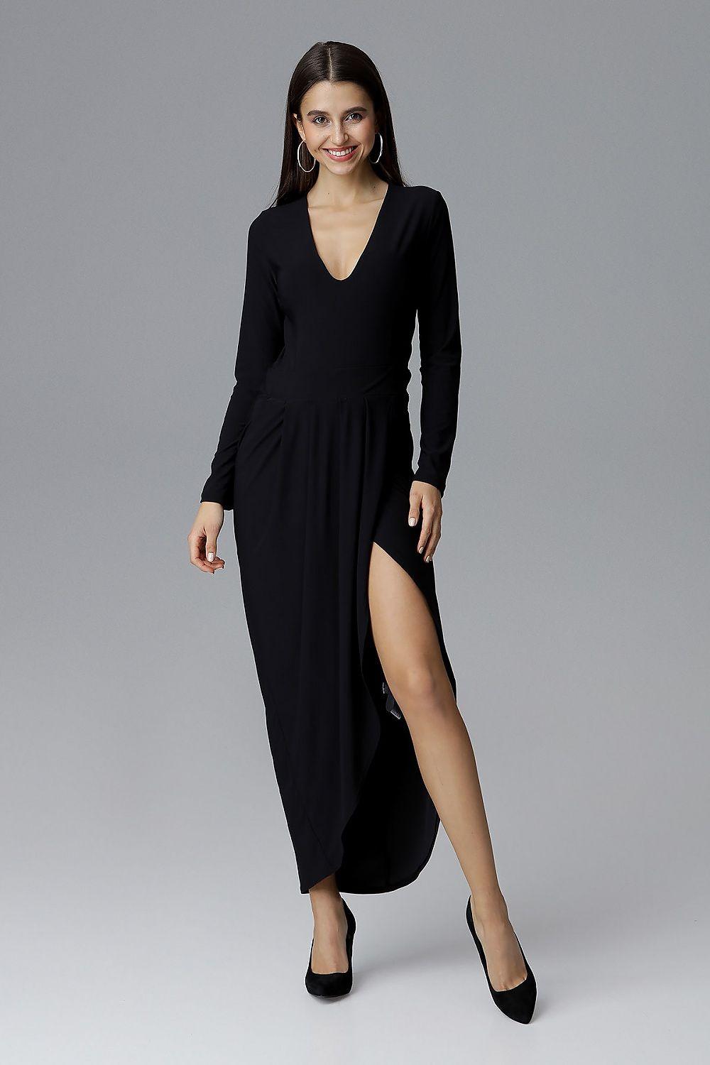 Black long dress with V-neck, long sleeves, and asymmetric side slit