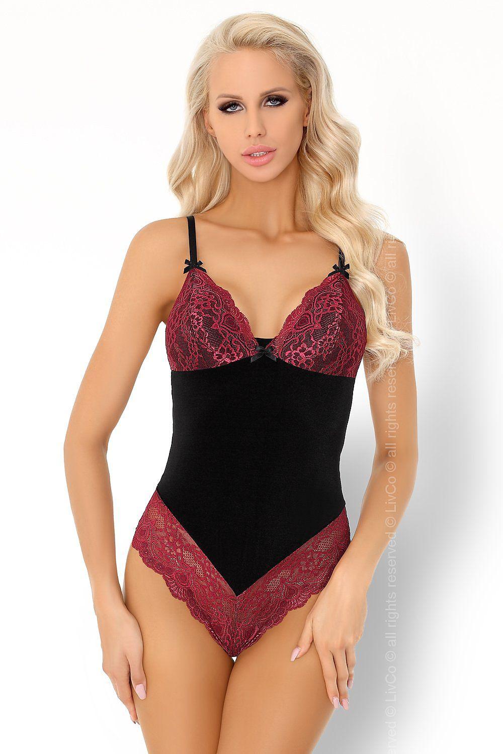 Shapewear body in black with burgundy lace V-neck, underbust cups, and brief back