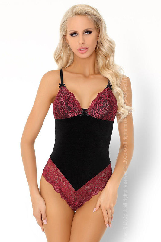 Shapewear body in black with burgundy lace V-neck, underbust cups, and brief back