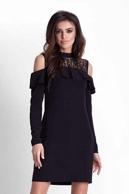 Black short dress with lace yoke, cold-shoulder cutouts, long sleeves