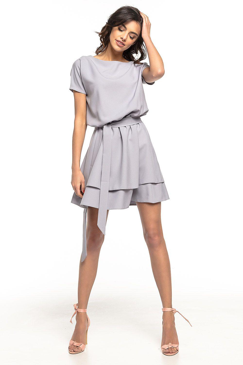 Grey short-sleeve daydress with round neck, tie belt, and layered ruffle hem