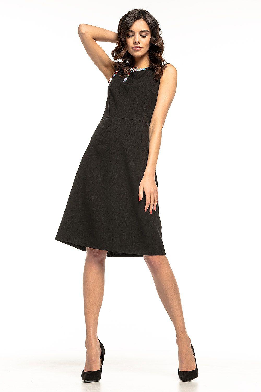 Black sleeveless A-line daydress with V-neck, knee length