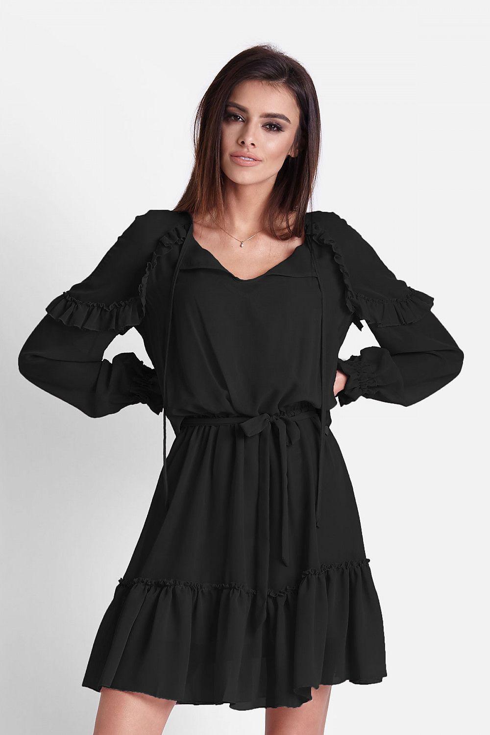 Black cocktail dress with long puff sleeves, ruffled tiers, and tie waist