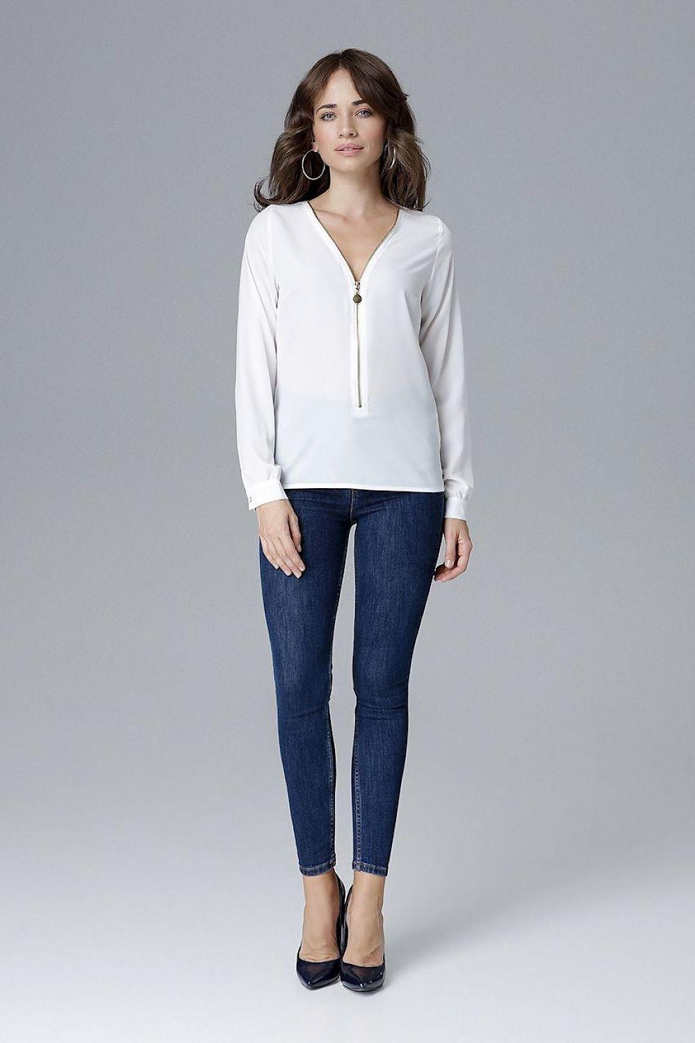 Lenitif model 128511 blouse, white V-neck with zipper tassel, long sleeves