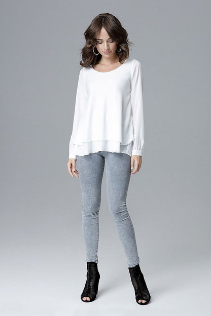 White long-sleeve blouse with scalloped frill hem, relaxed fit