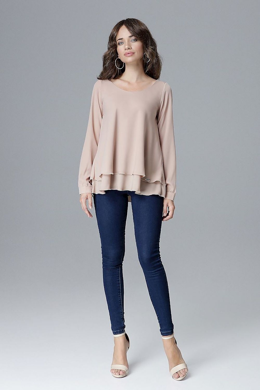 Beige long-sleeve blouse with tiered frill hem and draped neckline