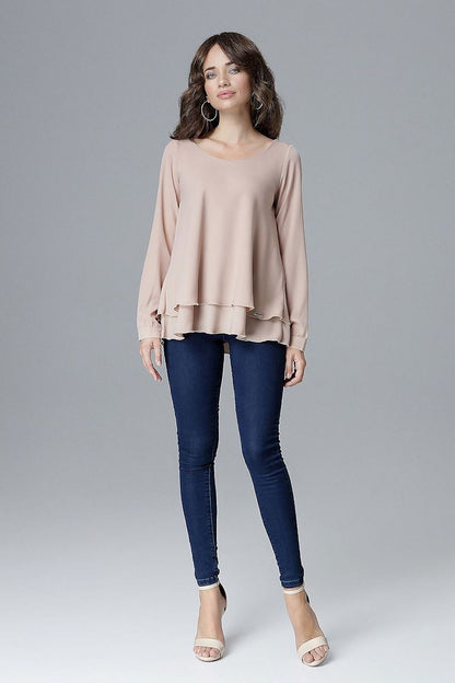 Beige long-sleeve blouse with tiered frill hem and draped neckline