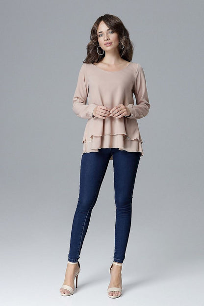 Beige long-sleeve blouse with frill hem and loose A-line shape