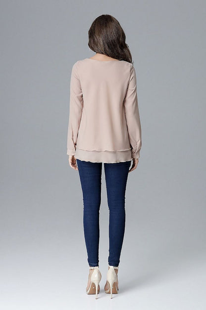 Beige long-sleeve blouse, back view, frill hem and relaxed fit