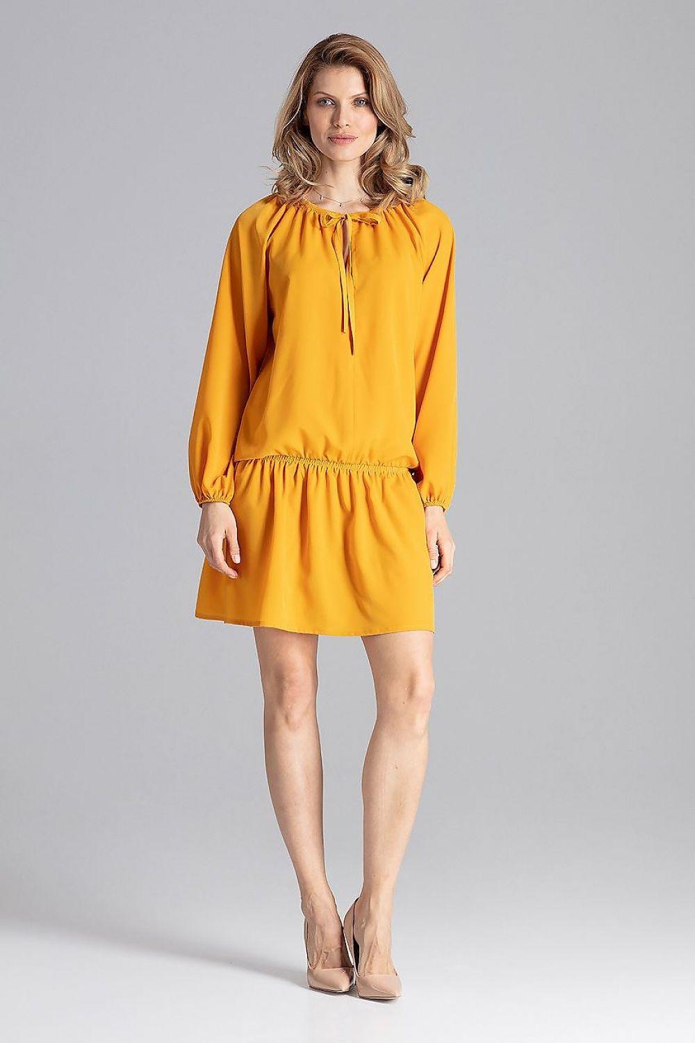 Figl yellow daydress with drawstring neckline, long sleeves, elastic waist, above-knee skirt
