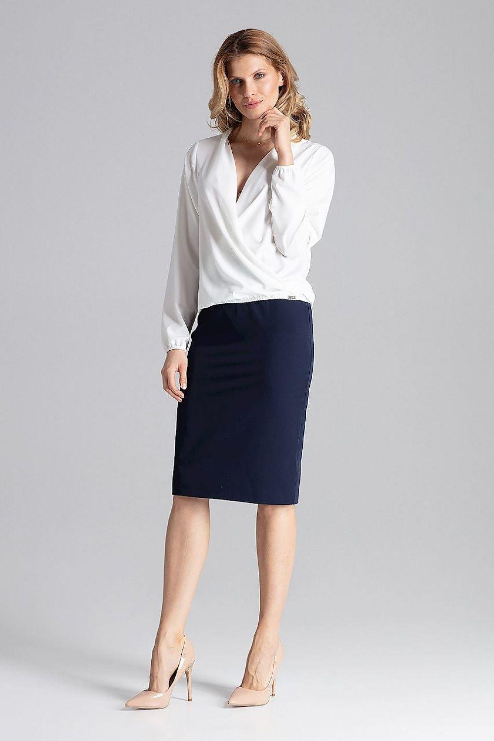 Light beige envelope-neck blouse with long sleeves and wrap V front
