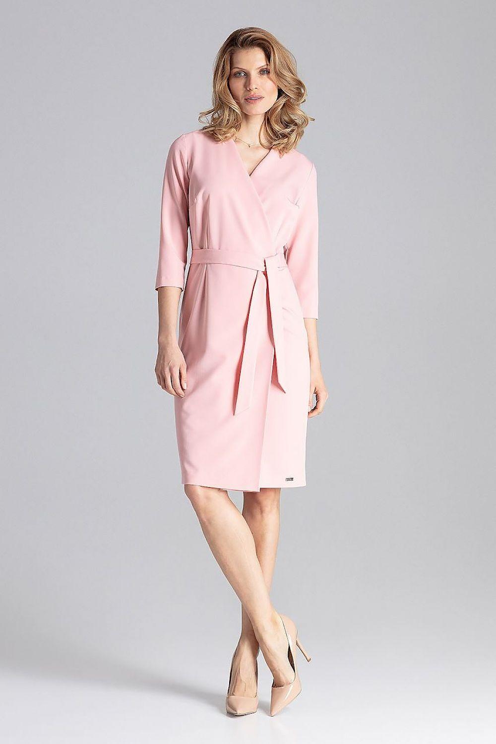 Figl pink wrap daydress with V-neck, 3/4 sleeves and tie waist, knee-length