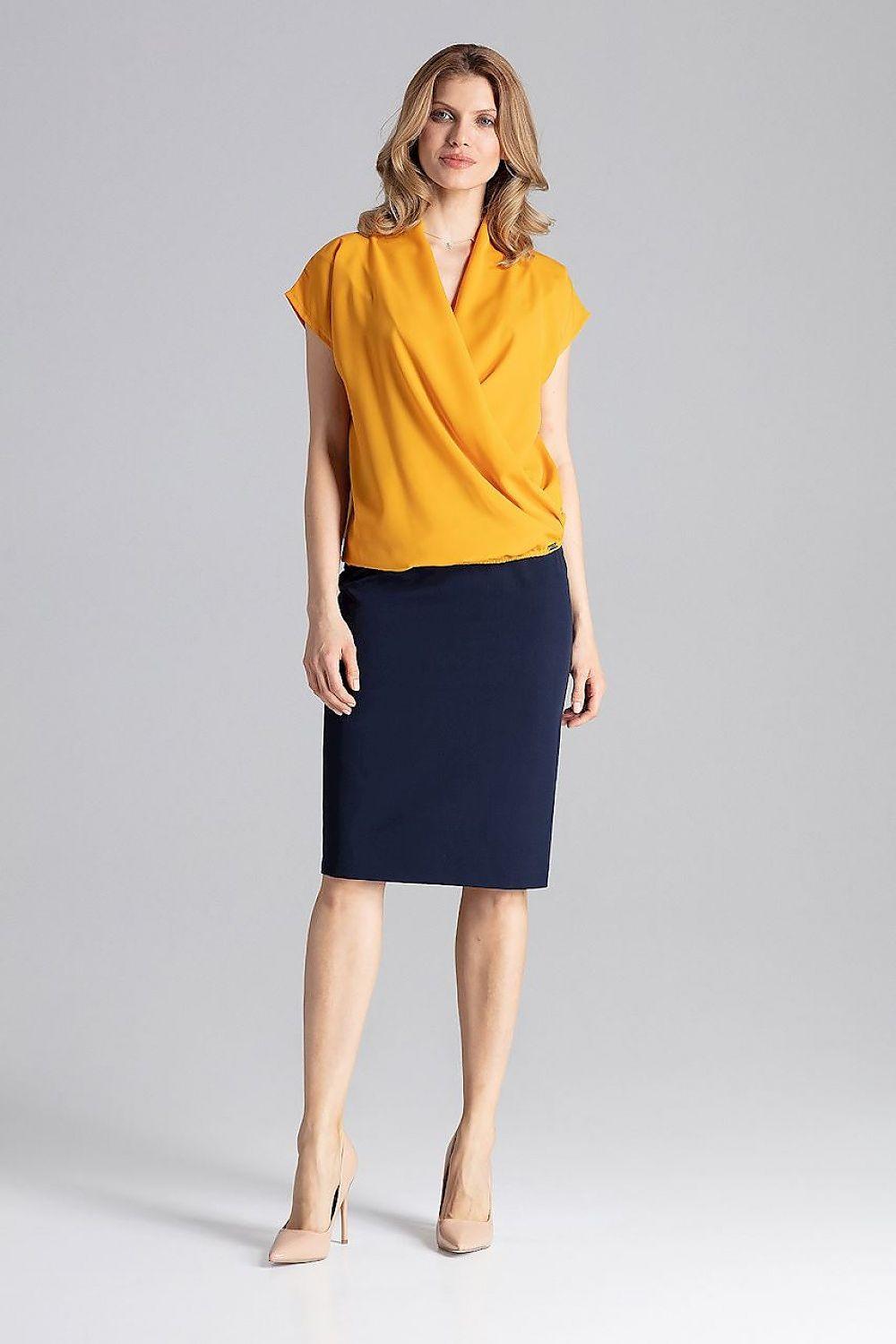 Yellow V-neck blouse with short sleeves