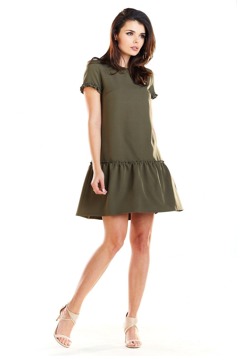 Awama daydress in green with short sleeves and tiered A-line skirt, front view