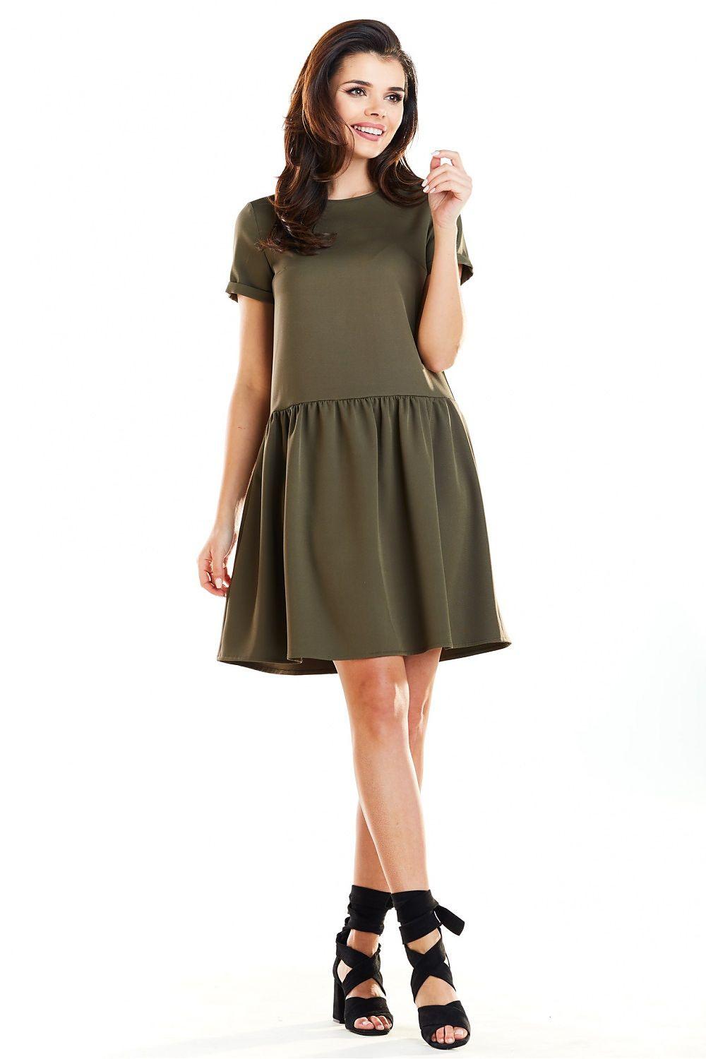 Olive green short-sleeve daydress with gathered waist and flared skirt