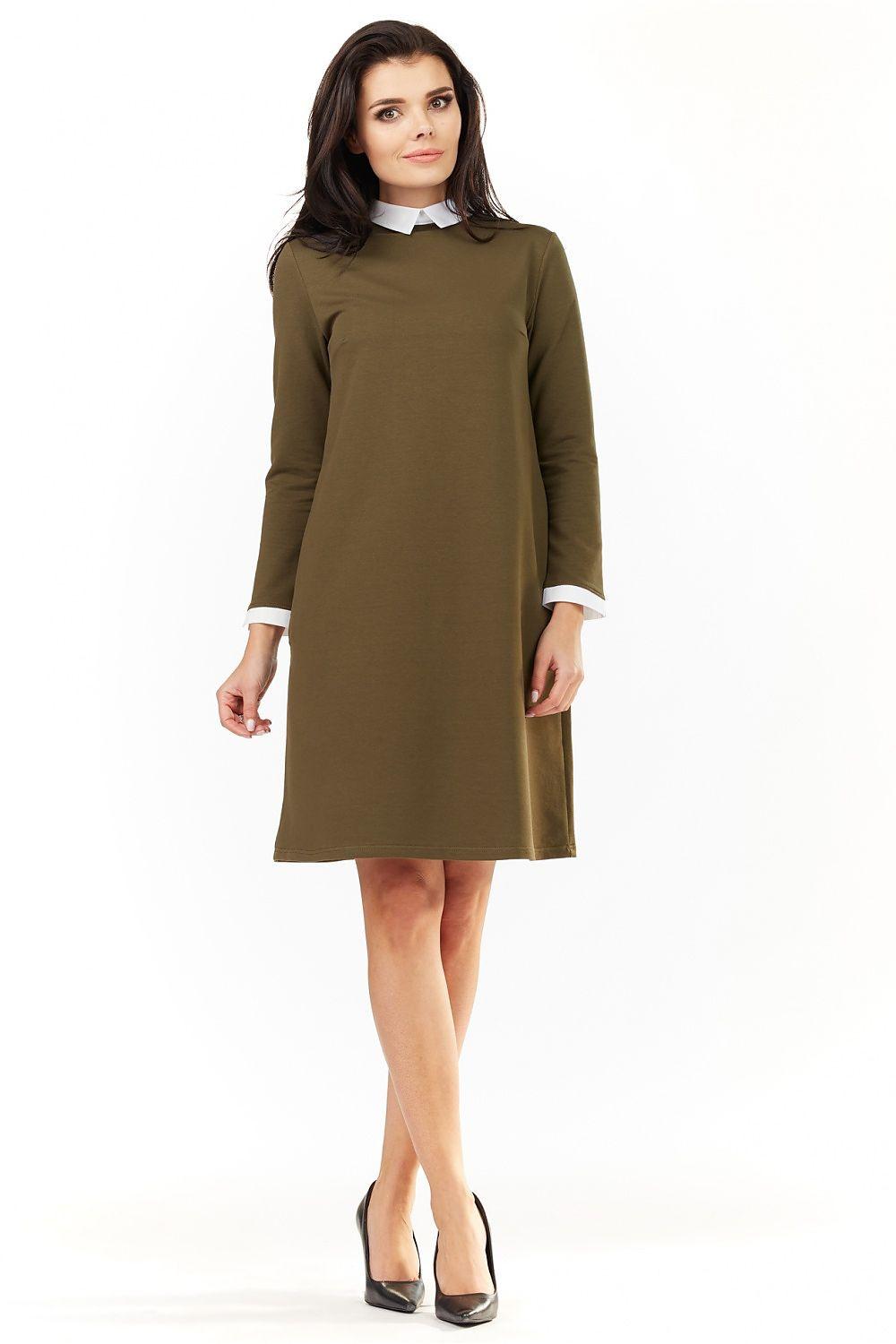 Olive green long-sleeve daydress with white collar and cuffs