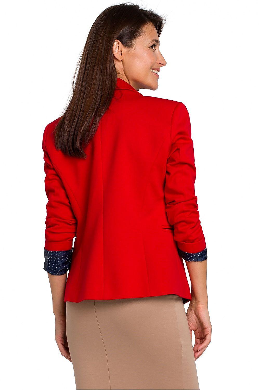Red women's slim knit blazer with notched lapel, long sleeves