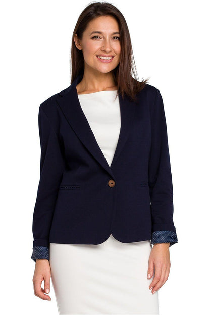 Navy women's knit blazer with notch lapel and single-button front, slim fit