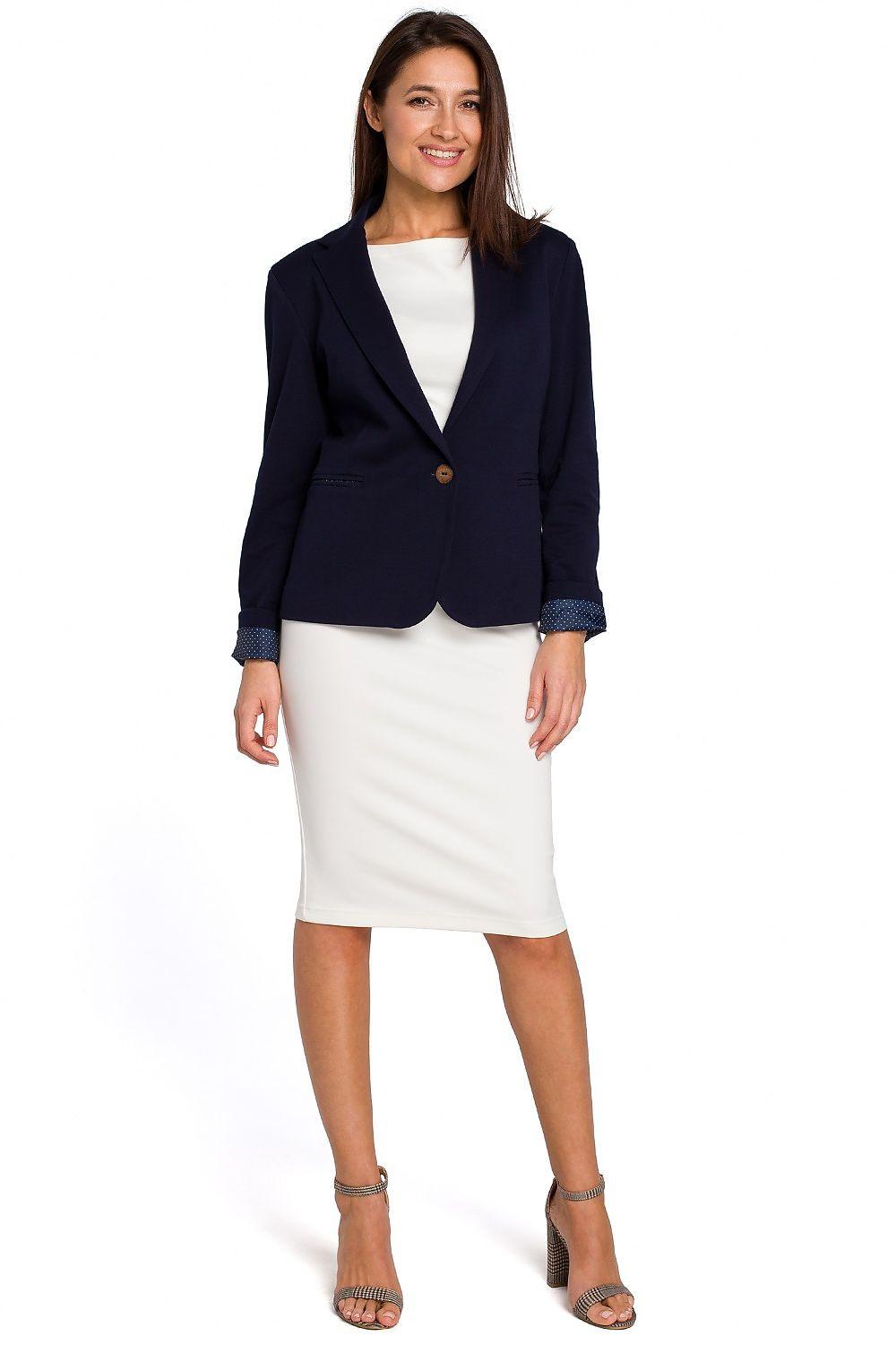 Navy women's knit blazer with notch lapel and single-button front, long sleeves