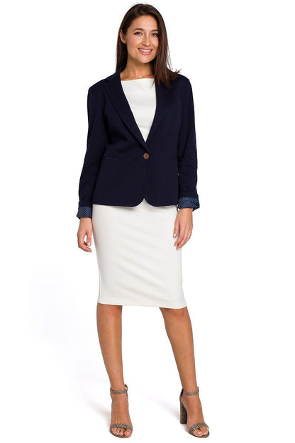 Navy women's knit blazer with notch lapel and single-button front, long sleeves