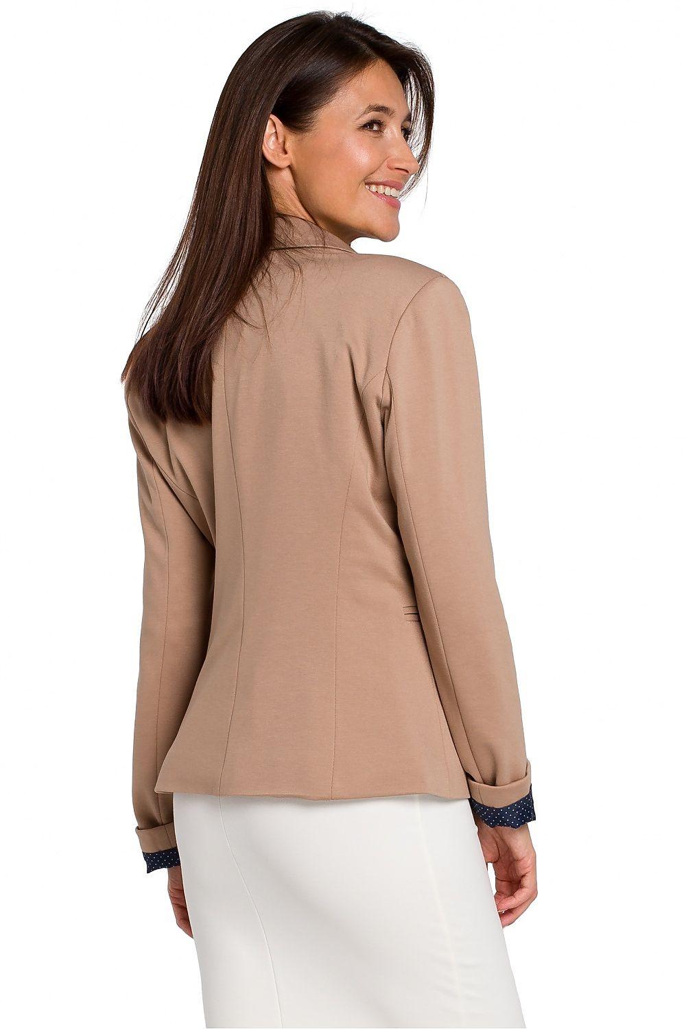 Women's slim-fit soft knit blazer, tan side view with long sleeves