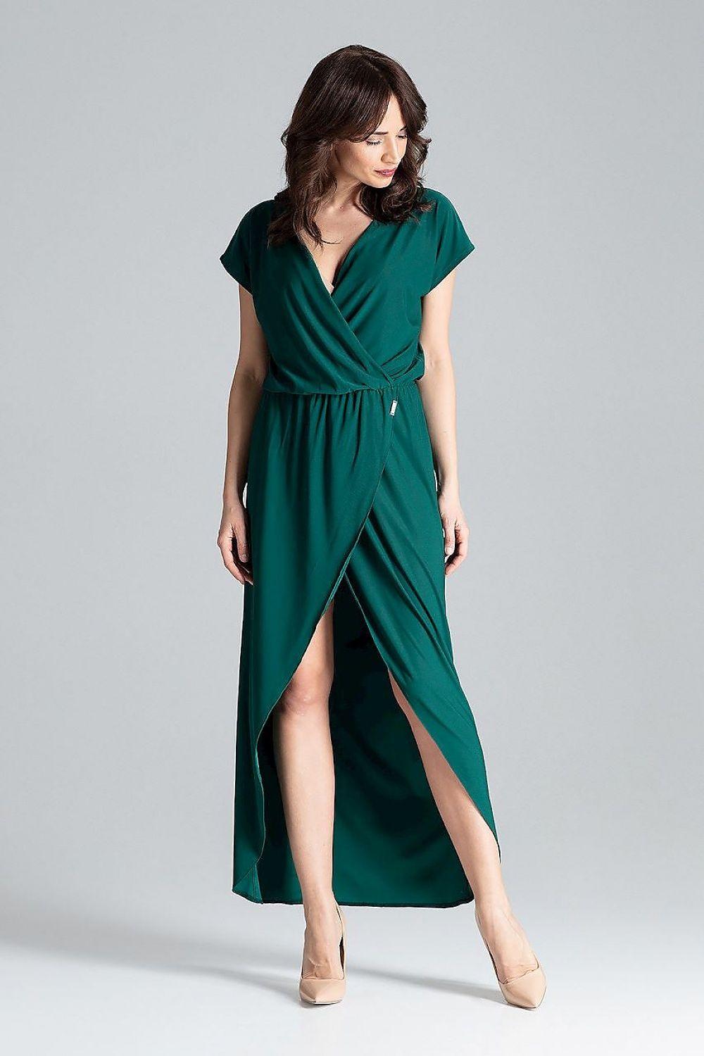 Lenitif cocktail dress, green wrap V-neck with draped waist and long asymmetrical skirt.