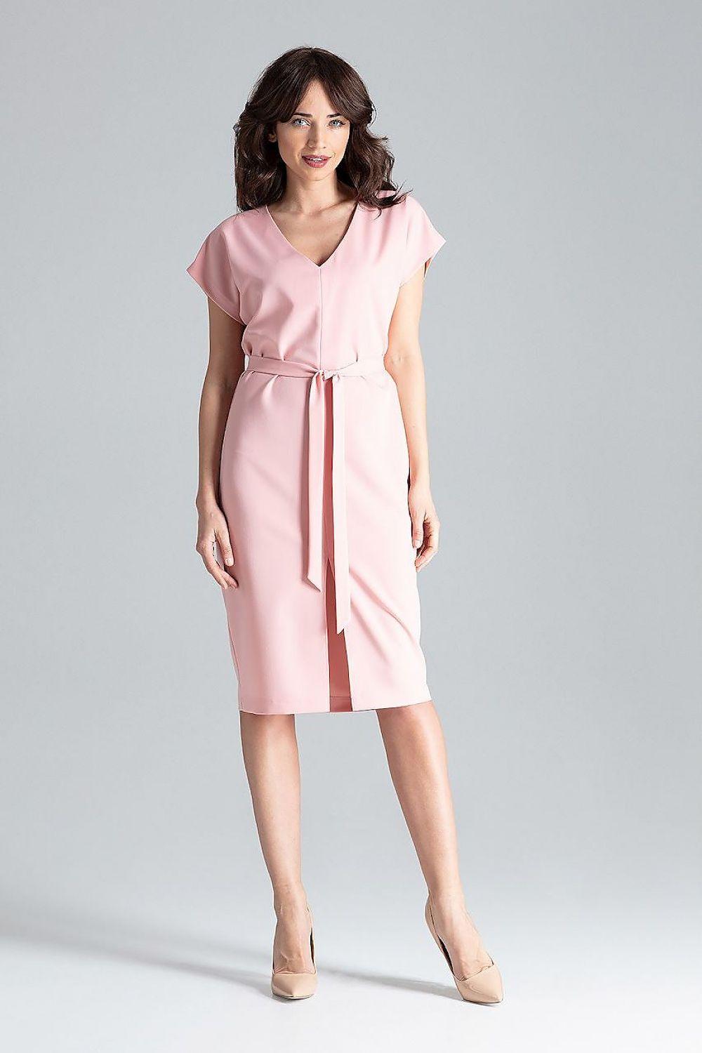 Lenitif pink day dress with tied waist belt and front slit, short sleeves