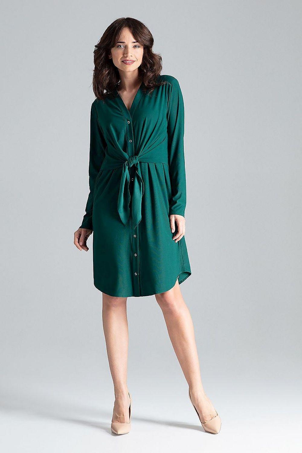 Green daydress with V-neck, button front and tied waist, long sleeves