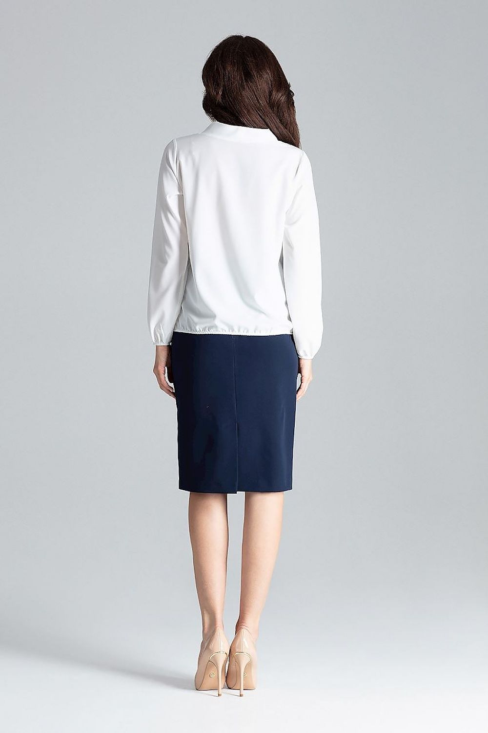 Back view white tie-neck blouse with long sleeves