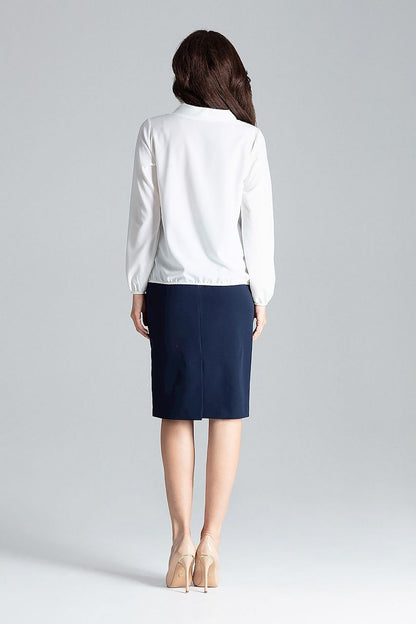 Back view white tie-neck blouse with long sleeves