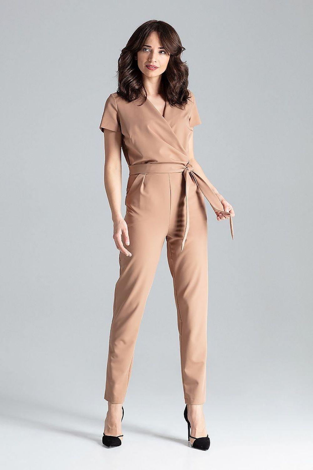 Women’s beige short-sleeve V-neck tie-waist jumpsuit with tapered pants.