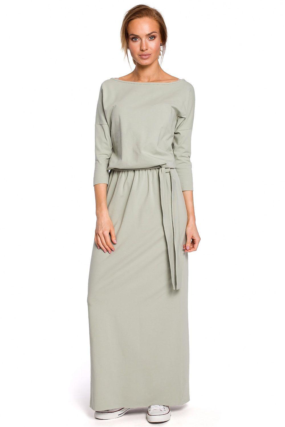 Sage green long-sleeve maxi dress with off-shoulder neckline and tie waist