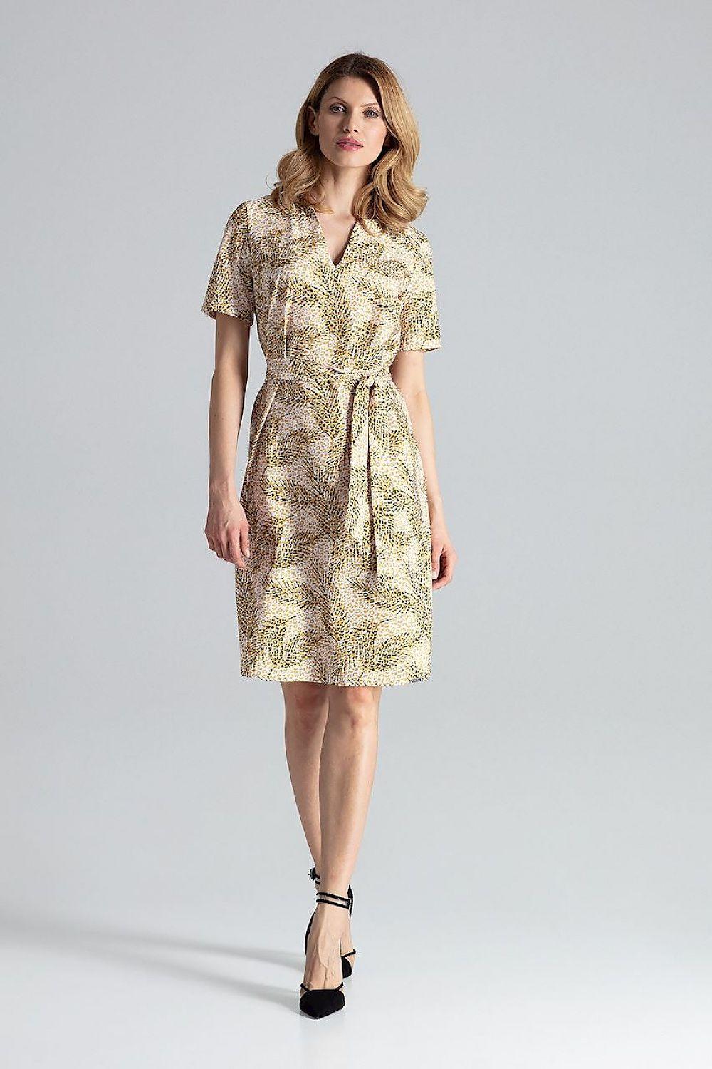 Figl day dress, beige and yellow patterned with waist tie belt and short sleeves
