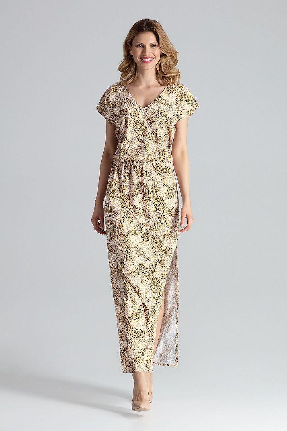 Printed daydress with short sleeves and smocked waist, beige and gold pattern