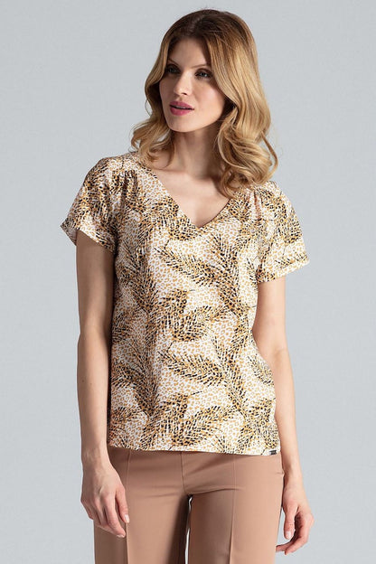 Beige patterned blouse with heart neckline and short sleeves