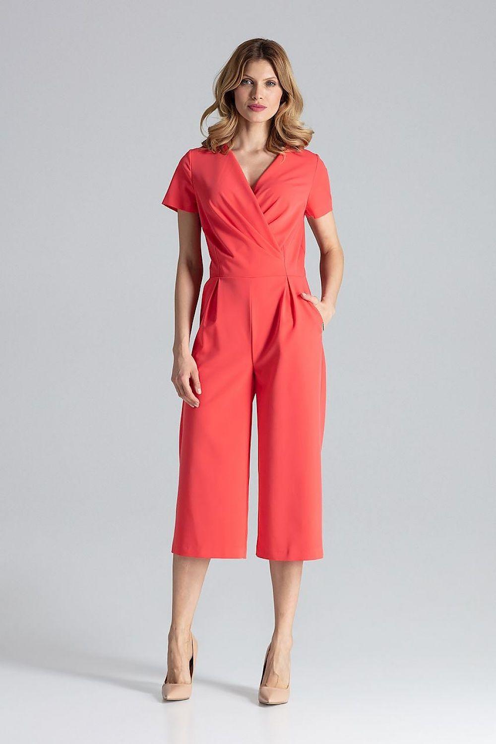 Coral pink wrap V-neck jumpsuit with short sleeves and cropped wide legs