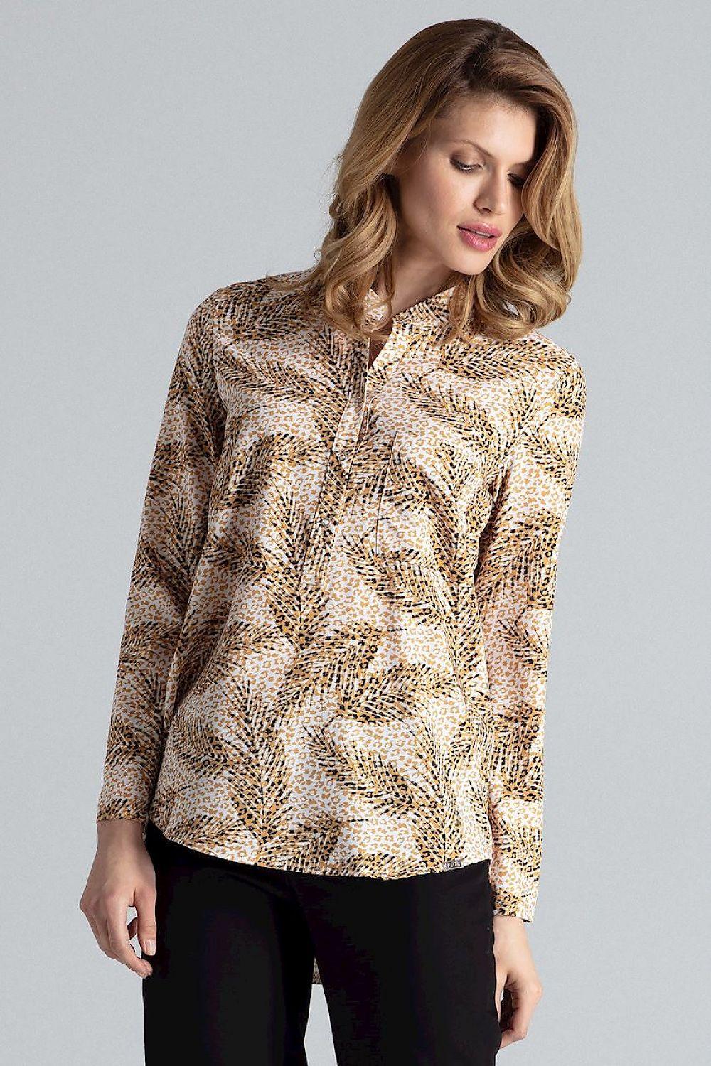Printed long-sleeve blouse with beige and dark abstract animal pattern