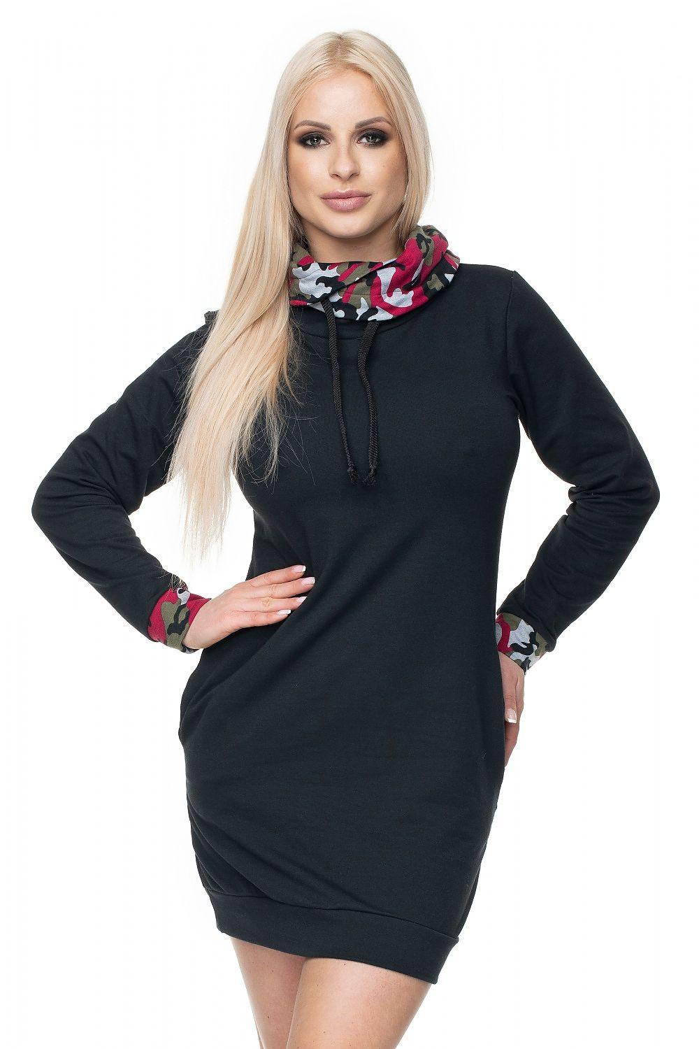 PeeKaBoo black hooded daydress with multicolor trim and long sleeves